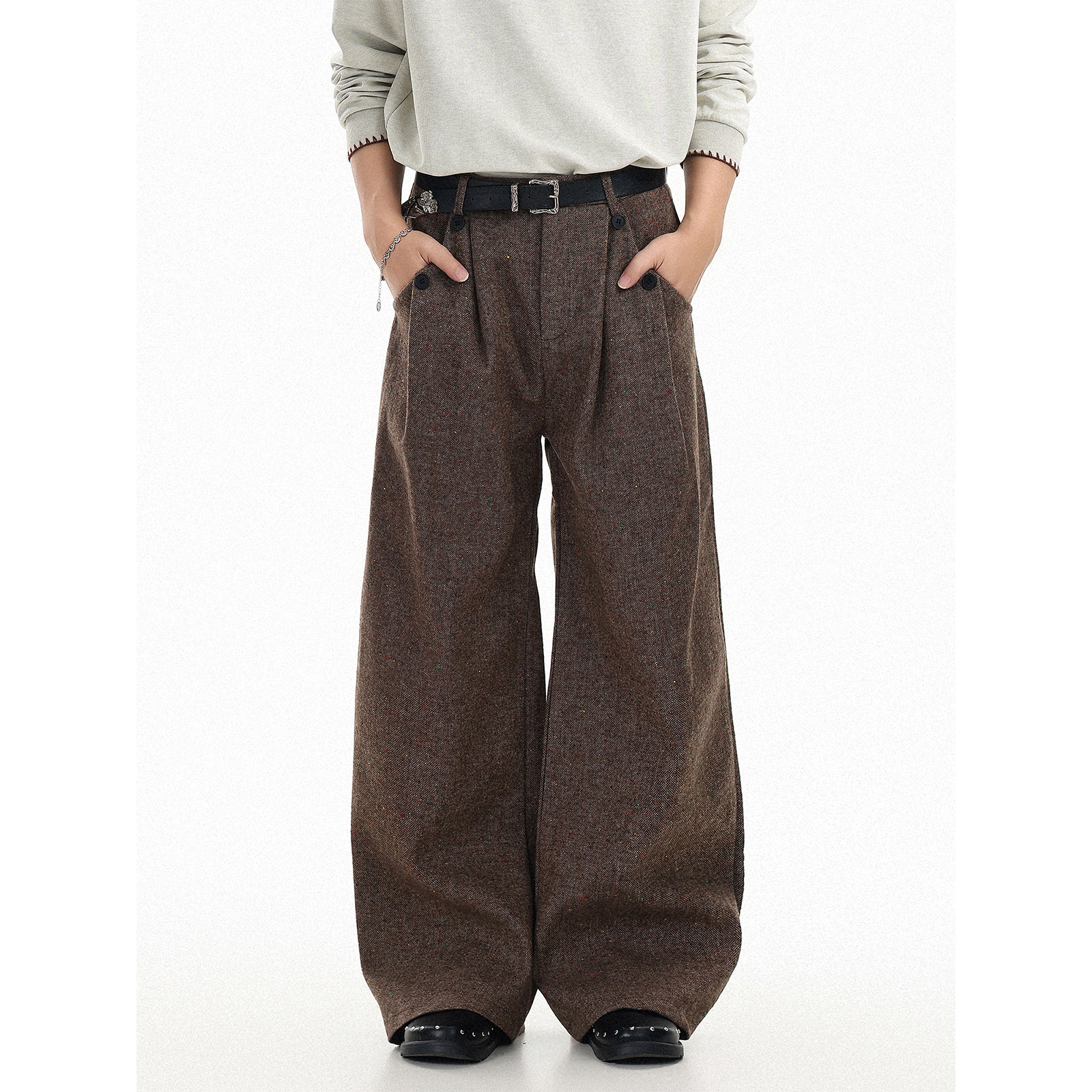 GCINIM401老钱风毛呢打褶阔腿裤男女中性宽松直筒休闲长裤慵懒感,男装,休闲裤,淘宝优惠券,粉丝福利购,淘宝优惠卷