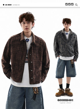 GCINIM401美式复古风纽扣格子衬衫男长袖翻领宽松休闲百搭外套