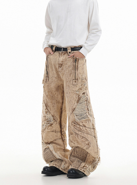 GCINIM401美式高街重工褶皱破坏杏色废土弯刀牛仔裤直筒长裤子