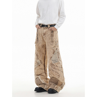 子 直筒长裤 GCINIM401美式 高街重工褶皱破坏杏色废土弯刀牛仔裤