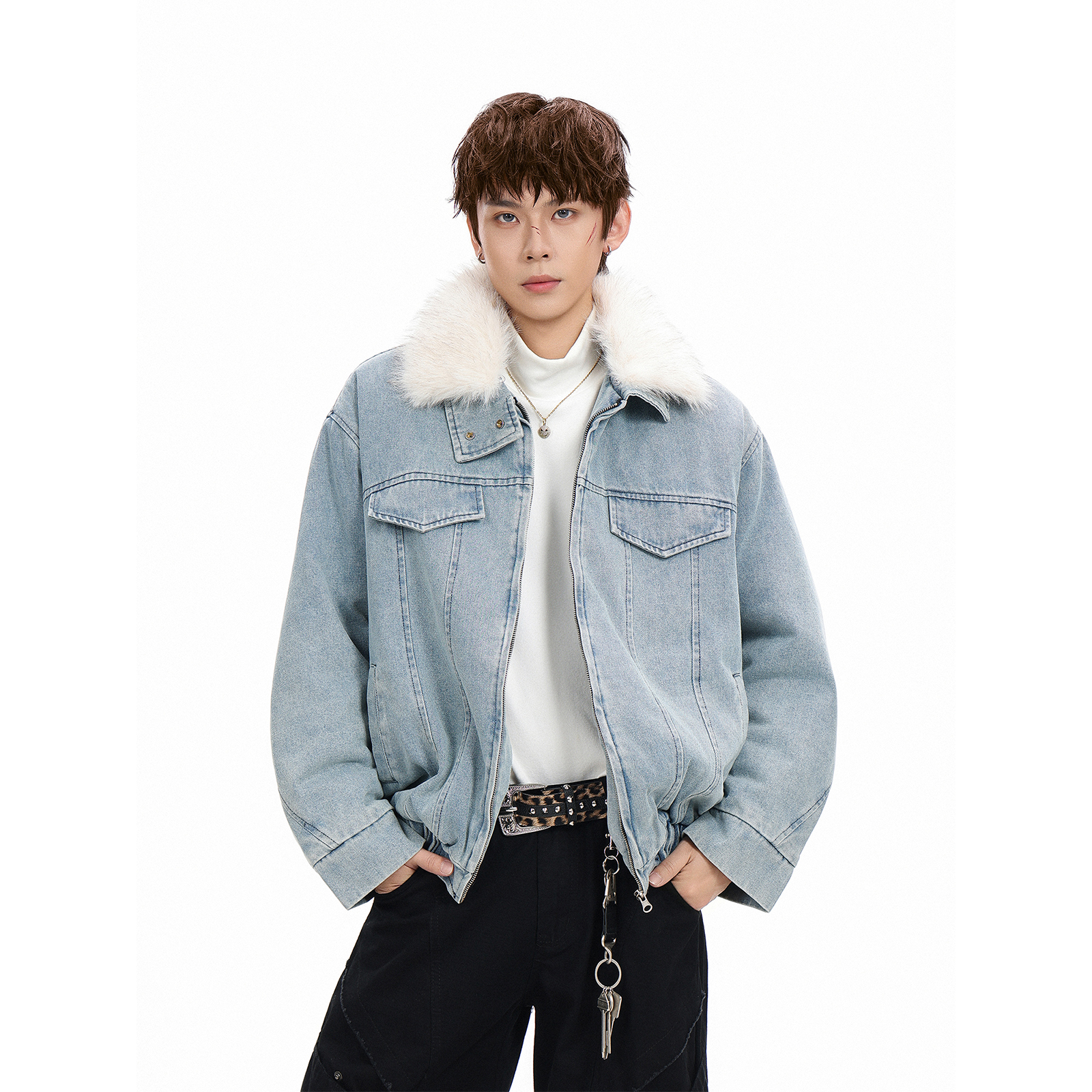 GCINIM401美式复古毛领牛仔外套男女潮流宽松水洗做旧牛仔夹克