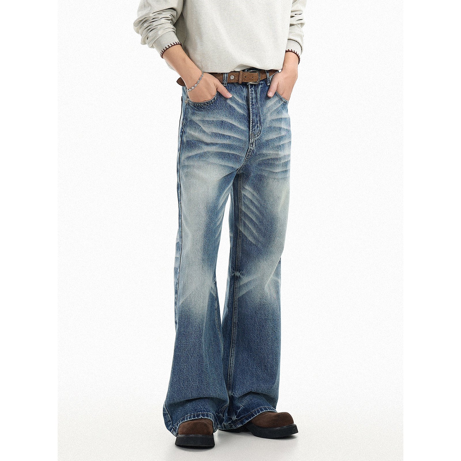 GCINIM401美式风水洗猫须蓝色微喇牛仔裤男女百搭休闲阔腿长裤,男装,牛仔裤,淘宝优惠券,粉丝福利购,淘宝优惠卷