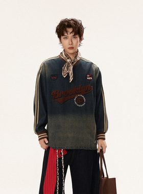 GCINIM401美式潮牌毛巾绣V领牛仔卫衣男复古宽松水洗做旧百搭上衣