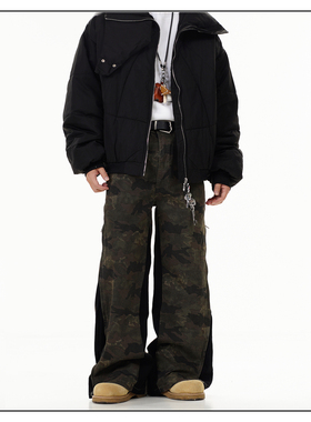 GCINIM401男女直筒显瘦迷彩长裤子美式复古黑色拼接腰边工装裤