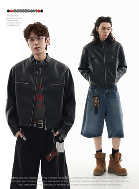 GCINIM401美式复古机车风黑色立领皮夹克男女短款拉链外套高级感