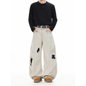 男女高街潮牌设计感镰刀裤 GCINIM401美式 复古破洞浅灰弯刀牛仔裤