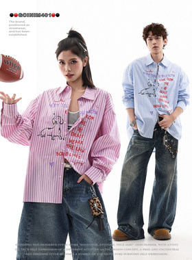 GCINIM401美式涂鸦风条纹衬衫男女情侣宽松长袖翻领印花休闲上衣