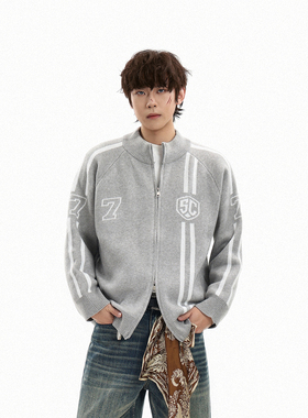 GCINIM401美式复古拉链立领针织开衫男女灰色宽松百搭毛衣外套