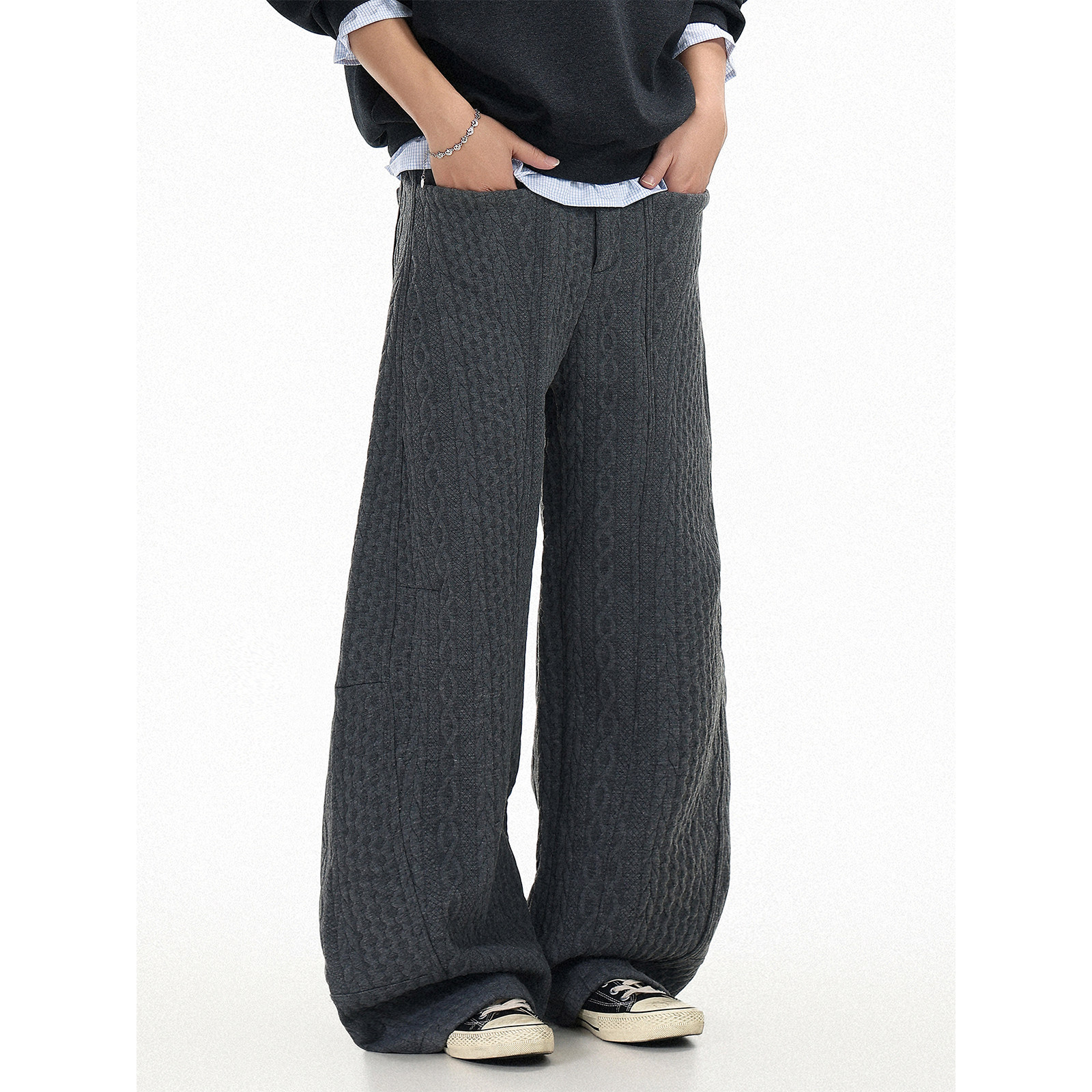 GCINIM401复古麻花纹理设计阔腿裤男宽松直筒休闲裤垂感拖地长裤,男装,休闲裤,淘宝优惠券,粉丝福利购,淘宝优惠卷