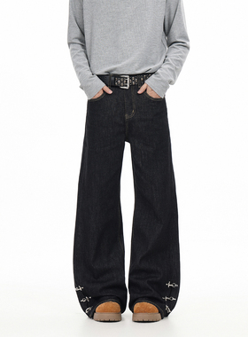 GCINIM401美式黑色设计感牛仔裤男女宽松休闲cleanfit直筒阔腿裤