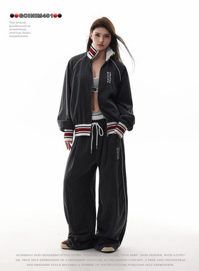 GCINIM401美式复古条纹拼接套装女春季双腰头抽绳阔腿裤两件套