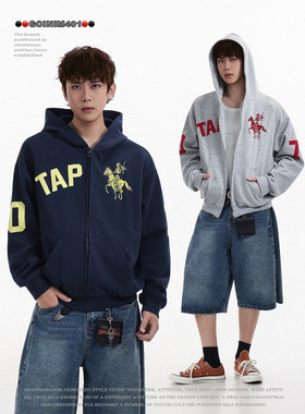 GCINIM401美式复古战马刺绣连帽卫衣男女情侣宽松拉链外套潮男