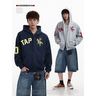 GCINIM401美式复古战马刺绣连帽卫衣男女情侣宽松拉链外套潮男