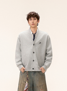 GCINIM401美式复古灰色开衫纽扣V领外套男女宽松休闲百搭上衣