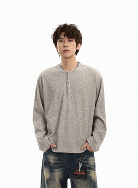 GCINIM401简约休闲风亨利领长袖T恤男灰色宽松内搭打底衫上衣