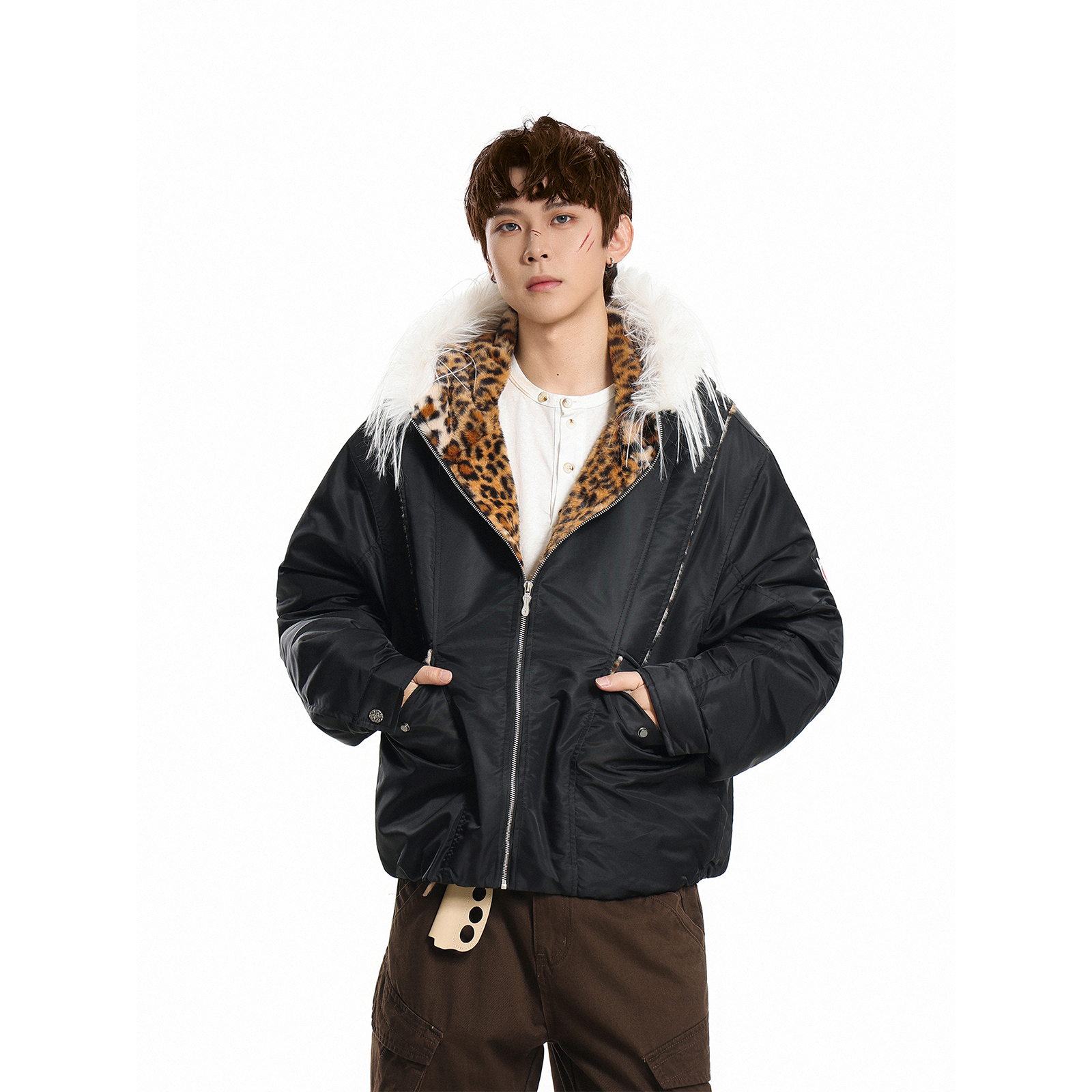 GCINIM401美式复古豹纹拼接连帽毛领棉衣男冬季保暖潮牌棉服外套