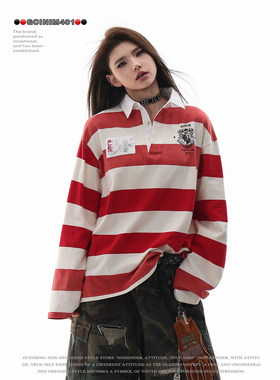 美式潮牌红白条纹POLO衫女宽松长袖小众设计复古条纹风上衣