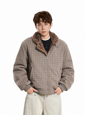 GCINIM401冬季新品格子连帽男女时尚百搭高级毛绒棉外套保暖棉衣
