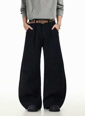 GCINIM401小众立体解构双褶阔腿休闲裤男黑色宽松直筒百搭长裤