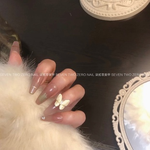 柒贰零Nail 手工穿戴光疗成品美甲可拆卸指甲 气质蝴蝶母贝勾金边