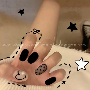 柒贰零Nail 光疗手工穿戴甲成品甲片可拆卸 黑色磨砂珍珠波点爱心