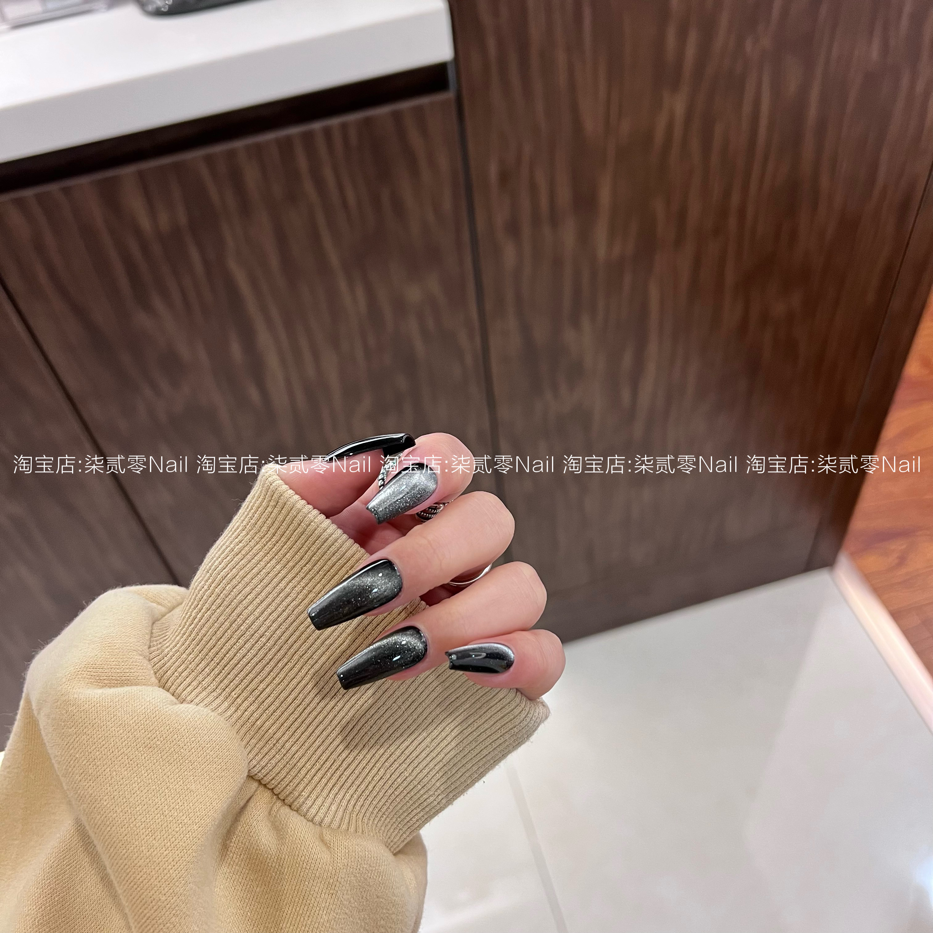 柒贰零Nail 欧美辣妹夜空黑晶石猫眼 穿戴甲手工假指甲成品可拆卸