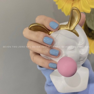 柒贰零Nail ins风雾霾蓝纯色美甲光疗手工穿戴甲片可拆卸