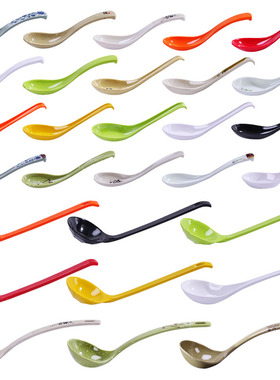 如意密胺餐具仿瓷勺子如意绿色中式汤匙条更汤勺饭勺弯钩勺塑料勺