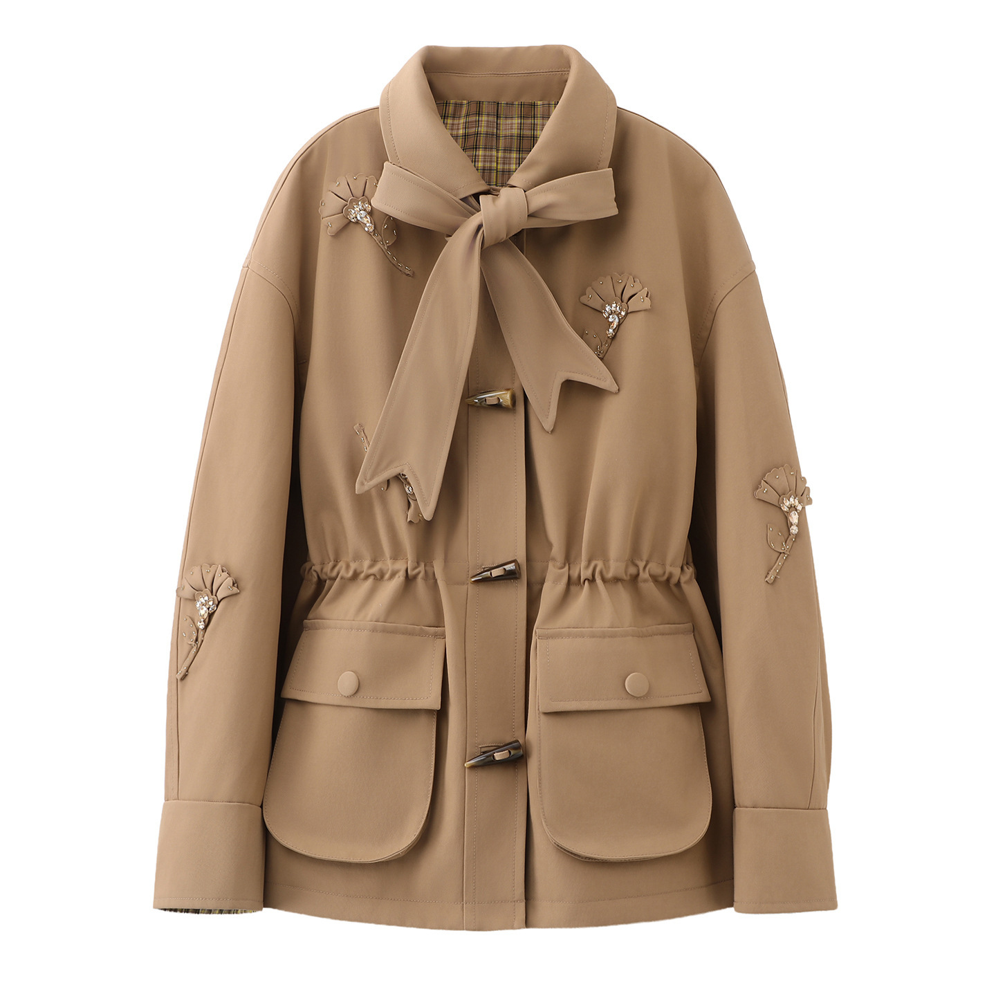 2025冬季新蝴蝶结翻领立体钉钻花朵刺绣工装风收腰中长款外套