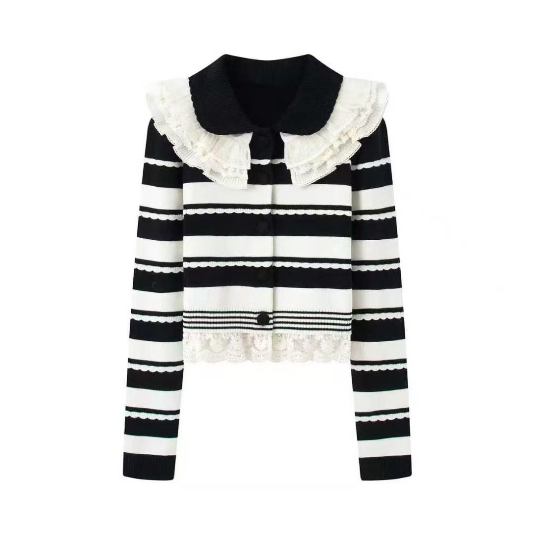 定制2026春新款法式娃娃领蕾丝荷叶边拼接条纹通勤打底针织开衫女,女装/女士精品,毛针织衫,淘宝优惠券,粉丝福利购,淘宝优惠卷