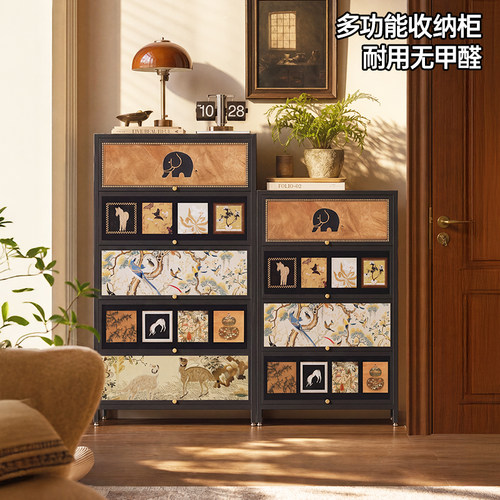 家用钢制置物收纳柜靠墙一体阳台客厅中古风大容量多层鞋柜储物柜