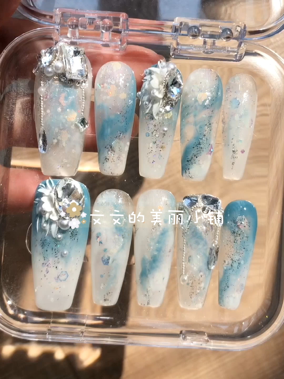 「蓝之花语」手工穿戴甲蓝色大海长款华子钻高级感显白美甲可拆卸