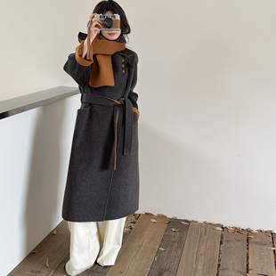 MM原创 2025秋冬撞色围巾领双面呢大衣女长款设计感气质羊毛外套