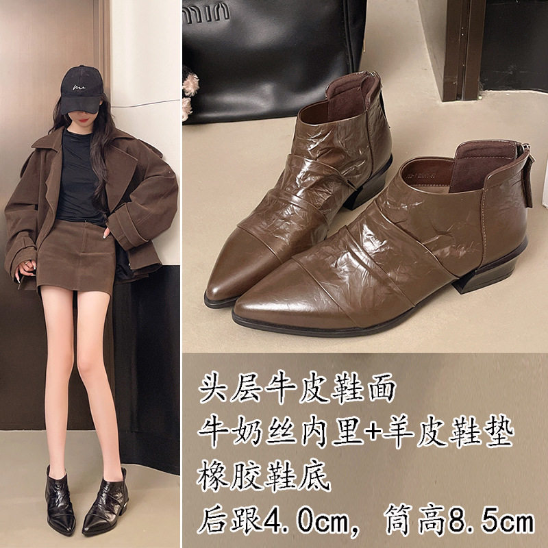 头层牛皮尖头裸靴女款2025秋时装靴