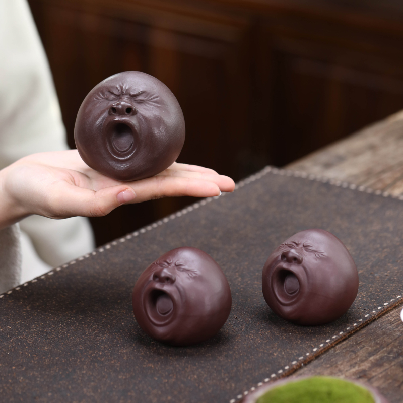 宜兴紫砂打哈欠茶宠丑萌人头像搞怪表情摆件雕塑创意茶具配件可养