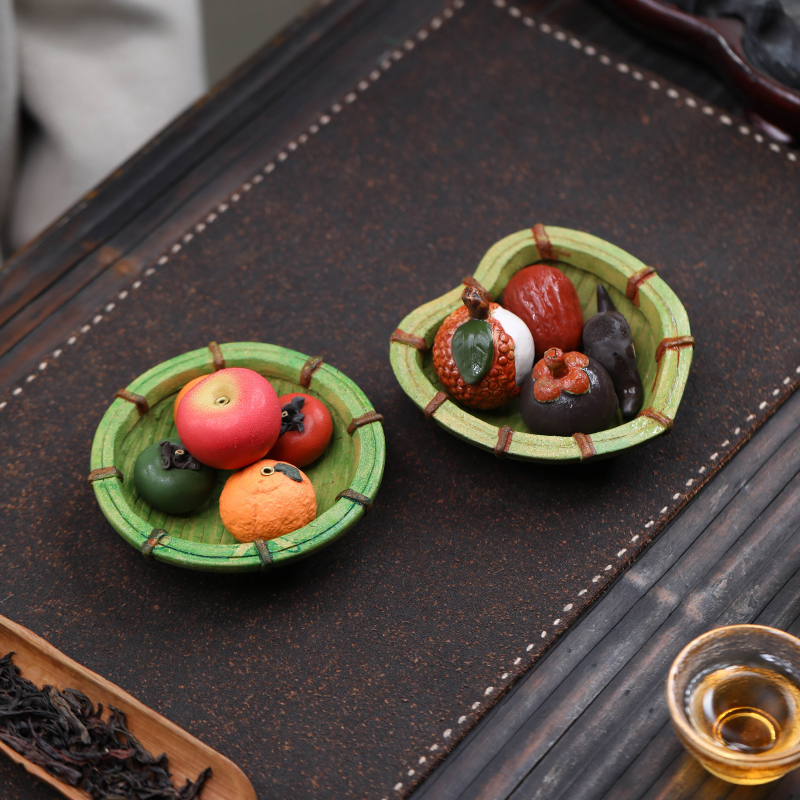 宜兴紫砂茶宠簸箕果盘小摆件仿竹编茶具配件茶盘把玩可养