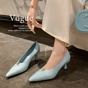 XINXIU//法式风尖头细跟浅口单鞋女真皮金属扣百搭气质优雅中跟