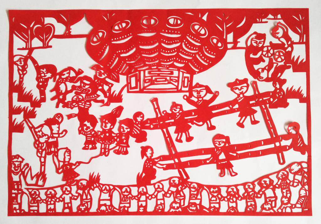 课间活动人物校园生活剪纸纯手工学生儿童剪画窗花装饰画红宣纸