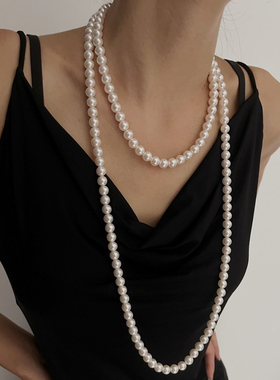 双层多层叠戴长款珍珠项链女款毛衣链小米珠珍珠项链颈链锁骨链女
