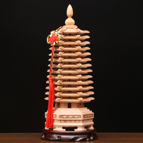 原木无漆雕刻桃木文昌塔摆件