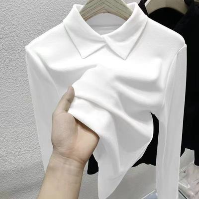单/两件装 双面德绒Polo领长袖t恤女秋冬修身内搭打底衫保暖上衣