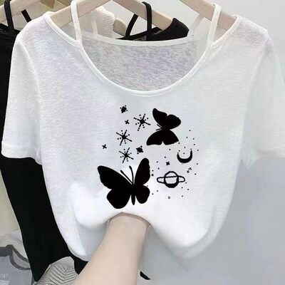 2-300胖MM设计感小众露肩短袖t恤女夏季新款宽松百搭显瘦吊带上衣