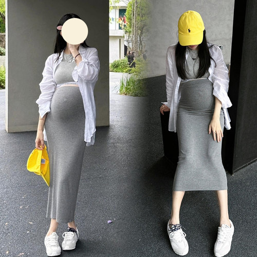 无托腹孕妇针织半身裙子女夏春秋季小个子中长款弹力直筒包臀长裙