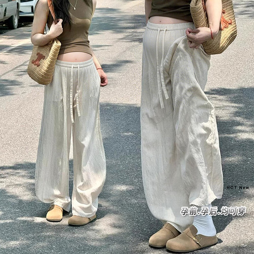 孕妇裤子夏春秋亚麻外穿阔腿裤抽绳高腰薄款直筒裤宽松休闲打底裤