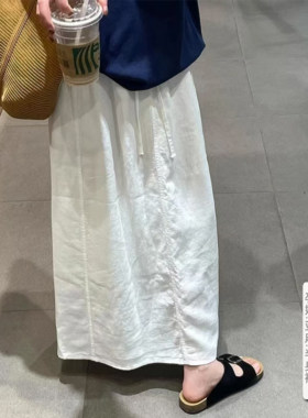 孕妇半身裙夏春秋薄款亚麻外穿休闲遛弯裙抽绳高腰中长款简约裙子