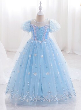 新款女童冰雪奇缘艾莎公主裙小女孩蓝色泡泡短袖蓬蓬网纱裙爱莎服
