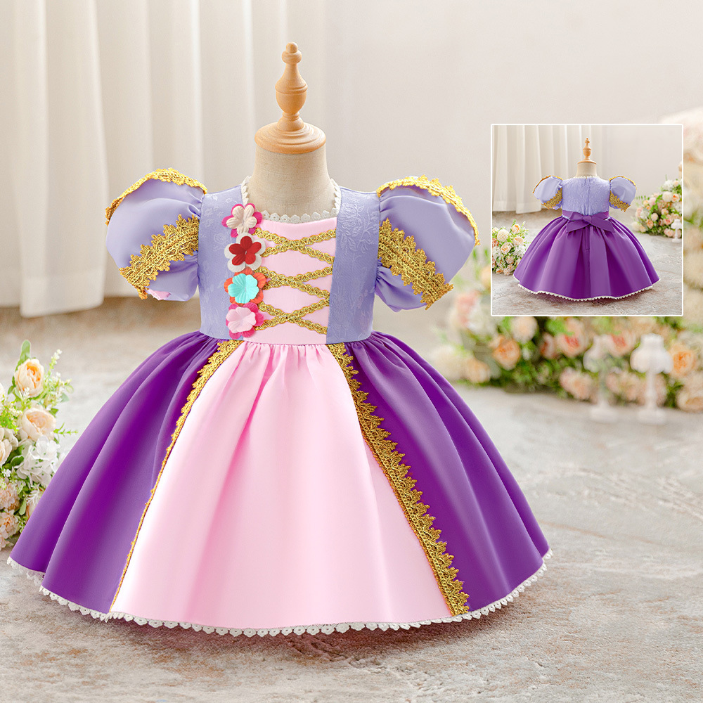 女童泡泡袖睡美人长发蓬蓬锻布裙