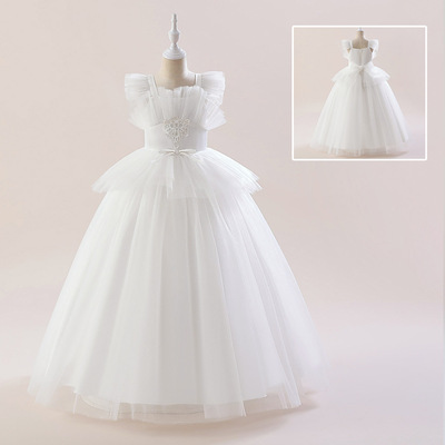 女童白色修身长款礼服舞台演出服