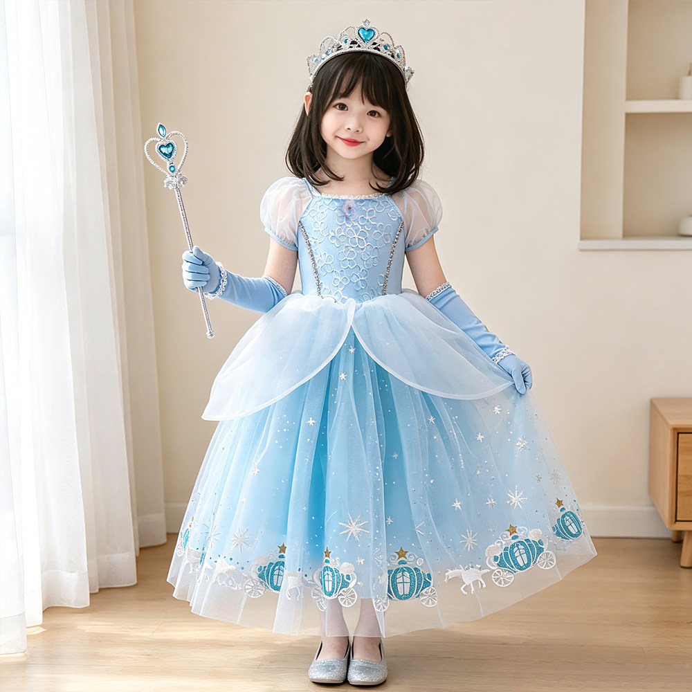 女童冰雪奇缘艾莎公主裙小女孩灰姑娘裙子儿童万圣节表演服带袖套