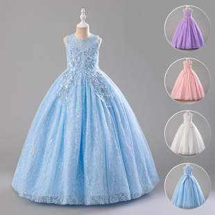 中大童亮片蕾丝拼接主持人礼服六一返校节日演出纱网蓬蓬连衣裙夏